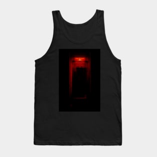 Digital collage, special processing. Room, corridor. Entrance to some dark place. Red. Tank Top